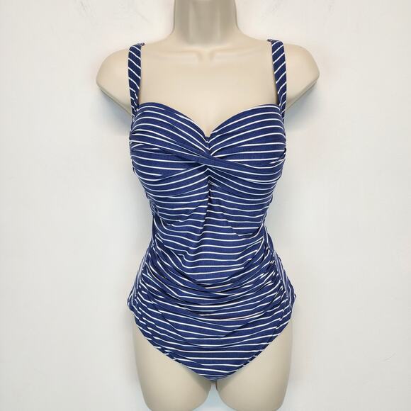 Niptuck One Piece Swim Suit Size 12 Blue White Striped Multi Fit Cup Ruched - Picture 1 of 10